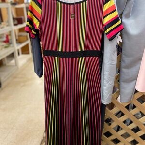 Striped Short-Sleeve Midi Dress in Black, Pink & Yellow